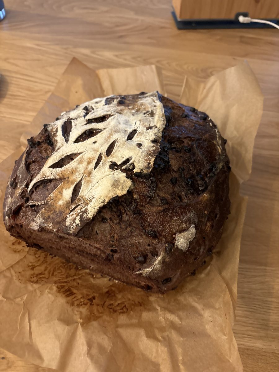 Chocolate chip sourdough with dark crust and flour scoring