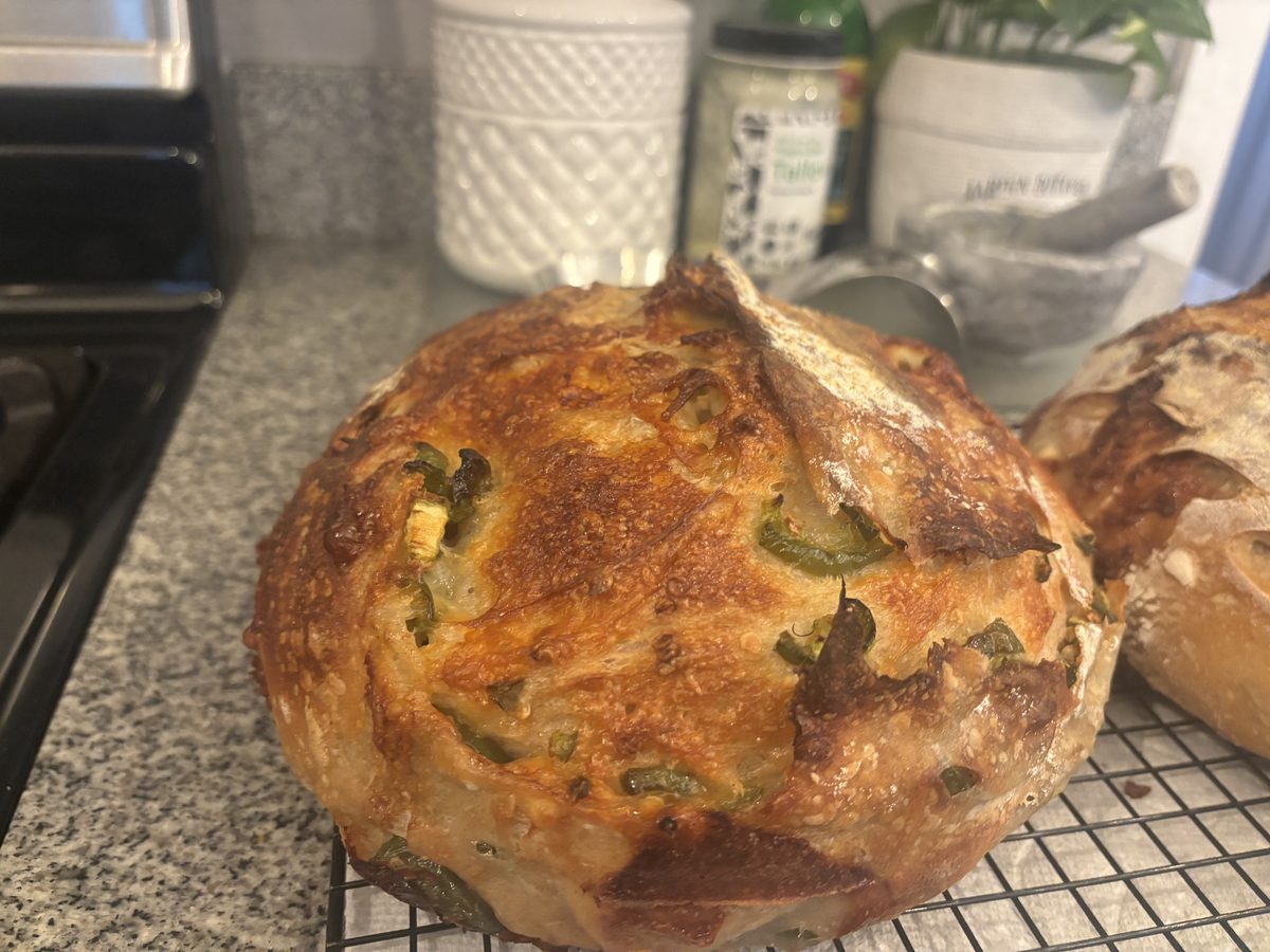 Jalapeno cheese sourdough slice showing cheddar and jalapeno crumb